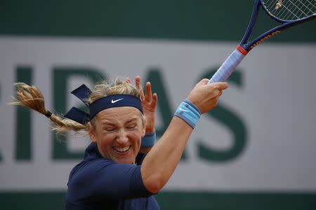 Tennis - French Open - Roland Garros - Karin Knapp of Italy vs Victoria Azarenka of Belarus - Paris, France - 24/05/16. Victoria Azarenka reacts. REUTERS/Pascal Rossignol