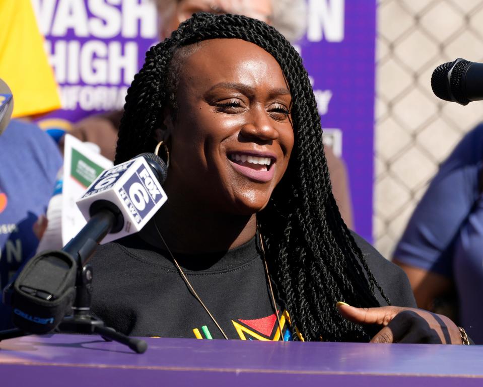 Milwaukee Public School board member Aisha Carr speaks during a groundbreaking ceremony at Washington High School in September. Election officials say she has failed to file recent campaign finance reports.