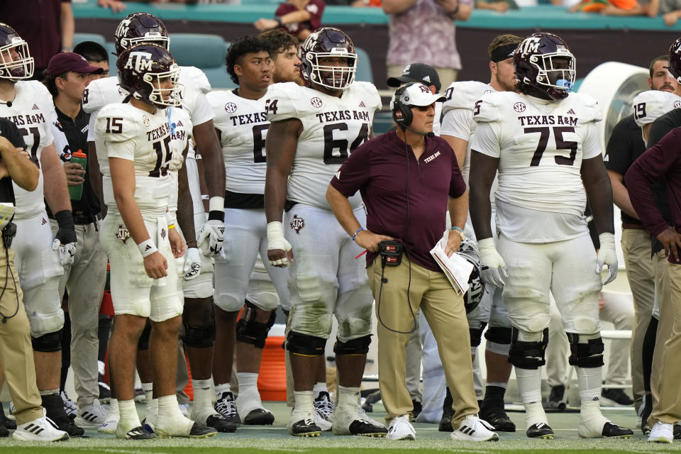 Texas A&M head coach Jimbo Fisher watches during the second half of an NCAA college football game against Miami, Saturday, Sept. 9, 2023, in Miami Gardens, Fla. (AP Photo/Lynne Sladky)