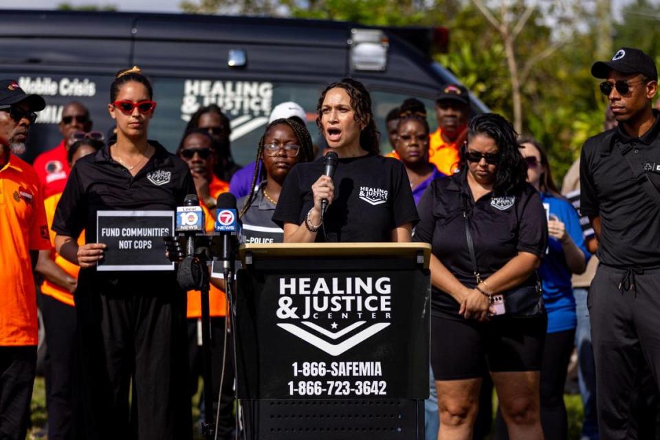 Director of the Healing and Justice Center Rachel Gilmer speaks to the media during a press conference across the street from the scene of a shooting at NW 58th St and NW 7th Court, in Liberty City, Florida, on Thursday, March 14, 2024. City of Miami police officers shot Donald Armstrong last week more than five times while responding to an emergency call during a mental health crisis.