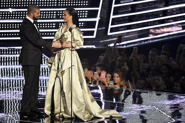 Drake presents Rihanna with the Video Vanguard Award during the 2016 MTV Video Music Awards in New York.