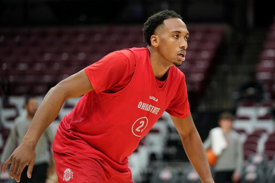 Oct 19, 2023; Columbus, Ohio, USA; Ohio State Buckeyes forward Zed Key (23) plays defense during an open practice at Value City Arena.