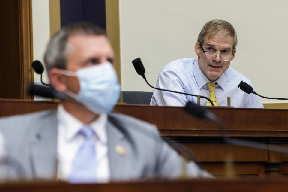 Congressman Jim Jordan, (R-OH), speaks during a hearing of the House Judiciary Subcommittee on Antitrust, Commercial and Administrative Law on "Online Platforms and Market Power", in the Rayburn House office Building on Capitol Hill, in Washington, U.S., July 29, 2020. Graeme Jennings/Pool via REUTERS