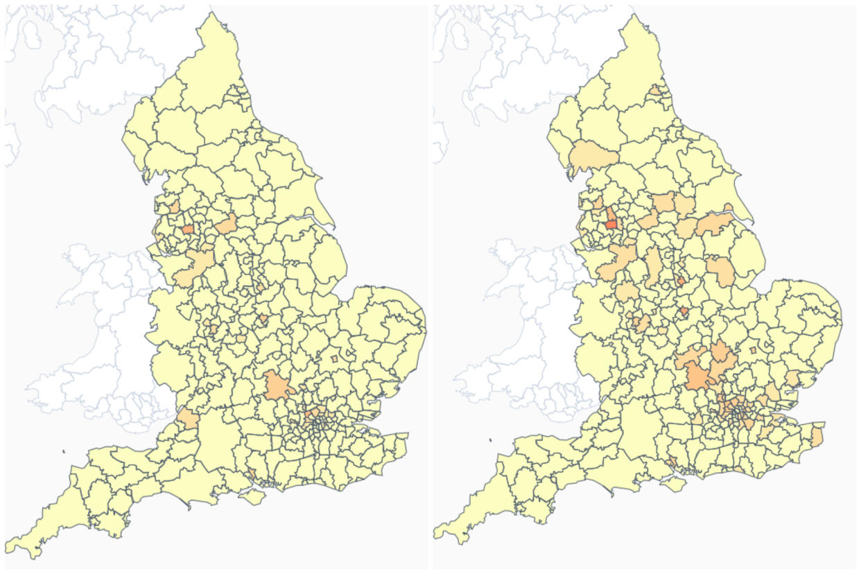 B.1.617.2 prevalence in England as of 17 April, left, and 24 April, right. (Wellcome Sanger Institute)