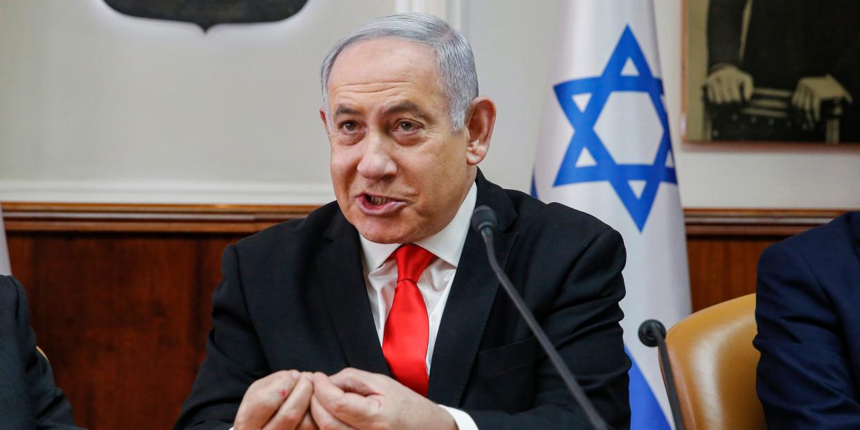 Israeli Prime Minister Benjamin Netanyahu Attends the weekly cabinet meeting at the Prime Minister's office in Jerusalem, Sunday, Jan. 19, 2020. (AP Photo/Gil Cohen-Magen, Pool)