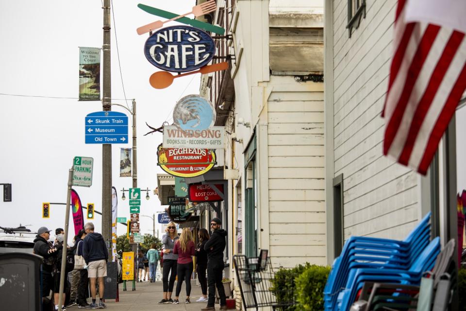 Signs for Nit's Cafe and other businesses in Fort Bragg.