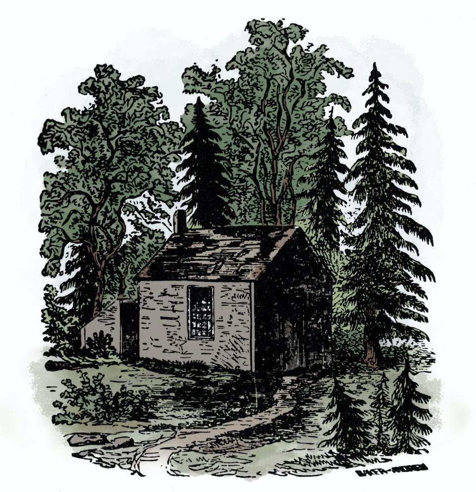 Artistic impression of Henry Thoreau’s cabin at Walden Pond, Massachusetts. <a href="https://www.gettyimages.co.uk/detail/news-photo/henry-thoreau-s-cabin-at-walden-pond-massachusetts-american-news-photo/1430995659?adppopup=true" rel="nofollow noopener" target="_blank" data-ylk="slk:Bridgeman via Getty Images;elm:context_link;itc:0;sec:content-canvas" class="link ">Bridgeman via Getty Images</a>