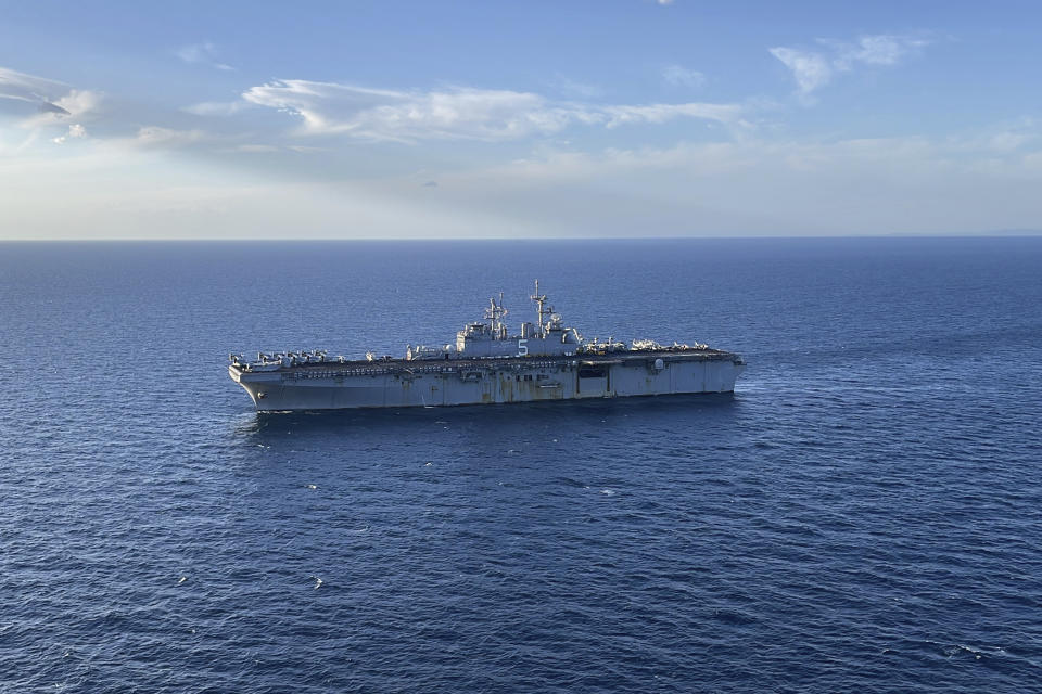 The USS Bataan is seen in the Aegean Sea, Greece, Thursday, Jan. 18, 2024. The Bataan, an amphibious assault ship, is leading a U.S. Navy task force in the eastern Mediterranean as the United States maintains an increased level of military deployment in the Middle East. (AP Photo/Derek Gatopoulos)