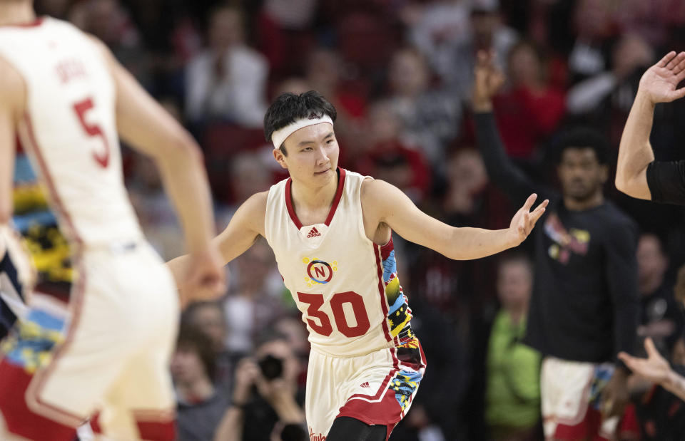 Nebraska's Keisei Tominaga (30) celebrates after hitting a 3-point basket against Penn State during the second half of an NCAA college basketball game Sunday, Feb. 5, 2023, in Lincoln, Neb. (AP Photo/Rebecca S. Gratz)