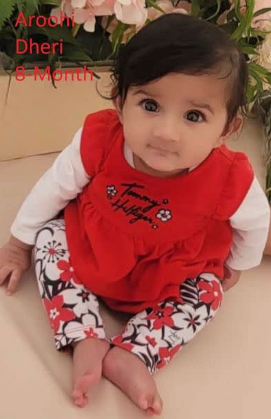 PHOTO: 8-month-old Aroohi Dheri is pictured in an image posted by Merced County Sheriff's Office via Facebook. She, along with her parents, Jasdeep Singh and Jasleen Kaur, were taken against their will from a Merced County, Calif. business.  (Merced County Sheriff's Office/Facebook)