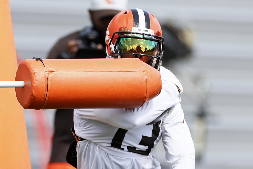 Cleveland Browns wide receiver Odell Beckham Jr. runs through a drill during NFL football practice Wednesday, Sept. 1, 2021, in Berea, Ohio. (AP Photo/Ron Schwane)