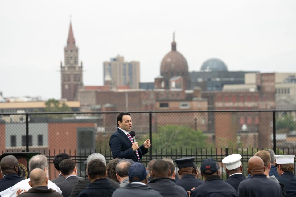 Paterson Mayor Andre Sayegh gives his 2023 Paterson State of the City Address at the historic Hinchliffe Stadium on Thursday Sept. 28, 2023.