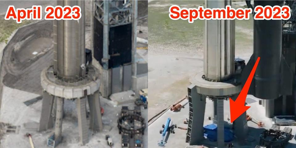 Side by side annotated images show Starship's launchpad in April and September 2023. An arrow points to a blue tarp above the launchpad covering SpaceX's new flooding system.