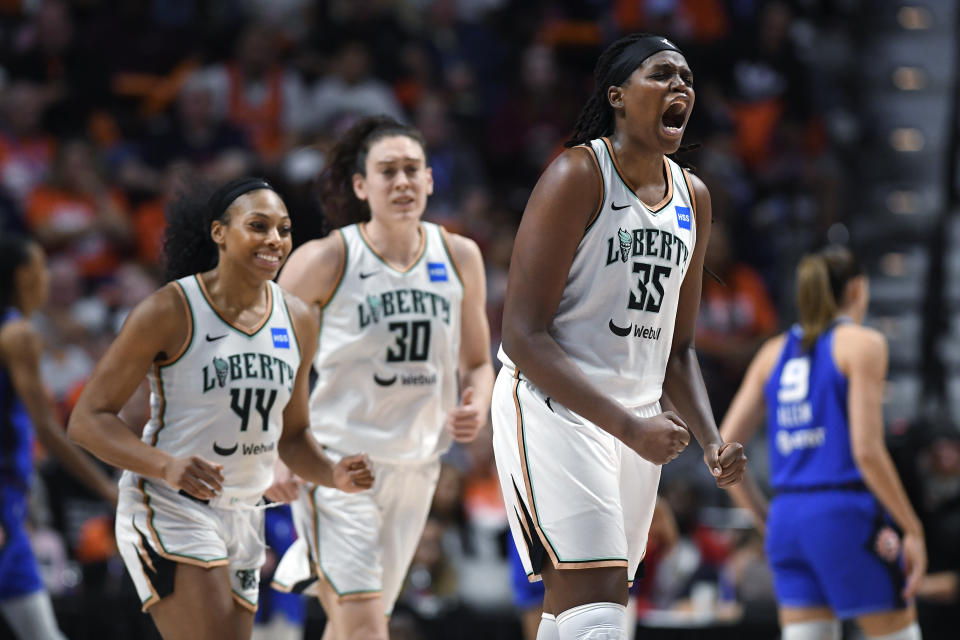 New York Liberty forward Jonquel Jones reacts during Game 4 of the WNBA semifinals series against the Connecticut Sun on Oct. 1, 2023, in Uncasville, Connecticut. (AP Photo/Jessica Hill)