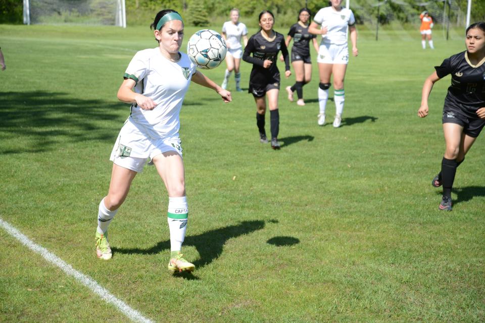 St.  Mary Catholic Central's Emerson Bergmooser controls the ball on the sideline during a Division 4 District game against Detroit Cristo Rey Thursday.