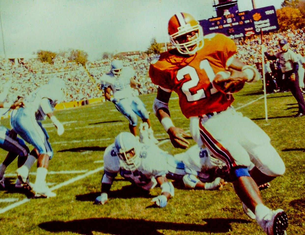 Terry Allen runs out of bounds in a game against University of North Carolina in November 5, 1988. Clemson won 37-14. 