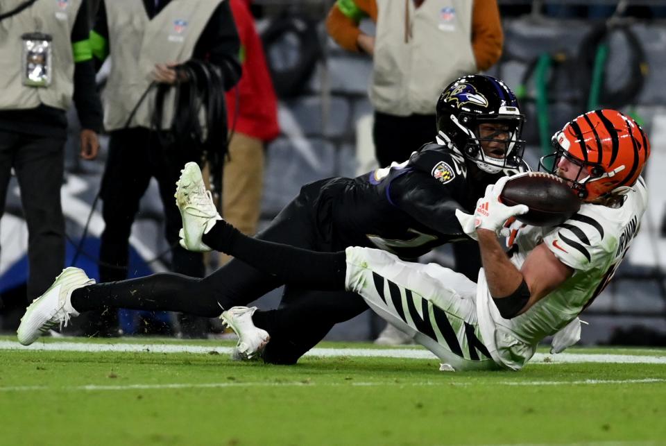 Nov 16, 2023; Baltimore, Maryland, USA; Baltimore Ravens cornerback Rock Ya-Sin (23) is called for pass interference against Cincinnati Bengals wide receiver Trenton Irwin (16) during the third quarter at M&T Bank Stadium. Mandatory Credit: Tommy Gilligan-USA TODAY Sports