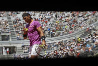 <p>Spain’s Rafael Nadal prepares to serve the ball during his match against his fellow-countryman Nicolas Almagro, at the Italian Open tennis tournament, in Rome, May 17, 2017. (Photo: Alessandra Tarantino/AP) </p>