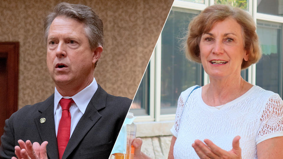 Congressman Roger Marshall (R-KS)/Barbara Bollier (Mark Reinstein/Corbis via Getty Images; John Hanna/AP Photo)