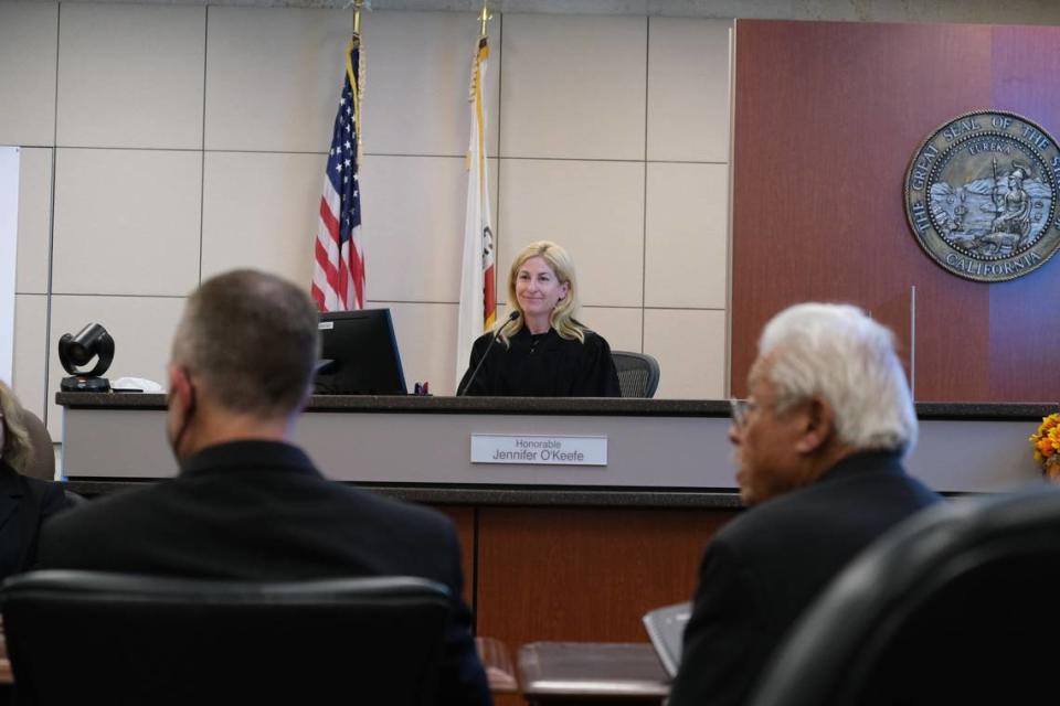 Monterey County Superior Court Judge Jennifer O’Keefe (center) presides over the Kristin Smart murder trial against Paul (left) and Ruben Flores at Monterey County Superior Court in Salinas on Sept. 29, 2022.