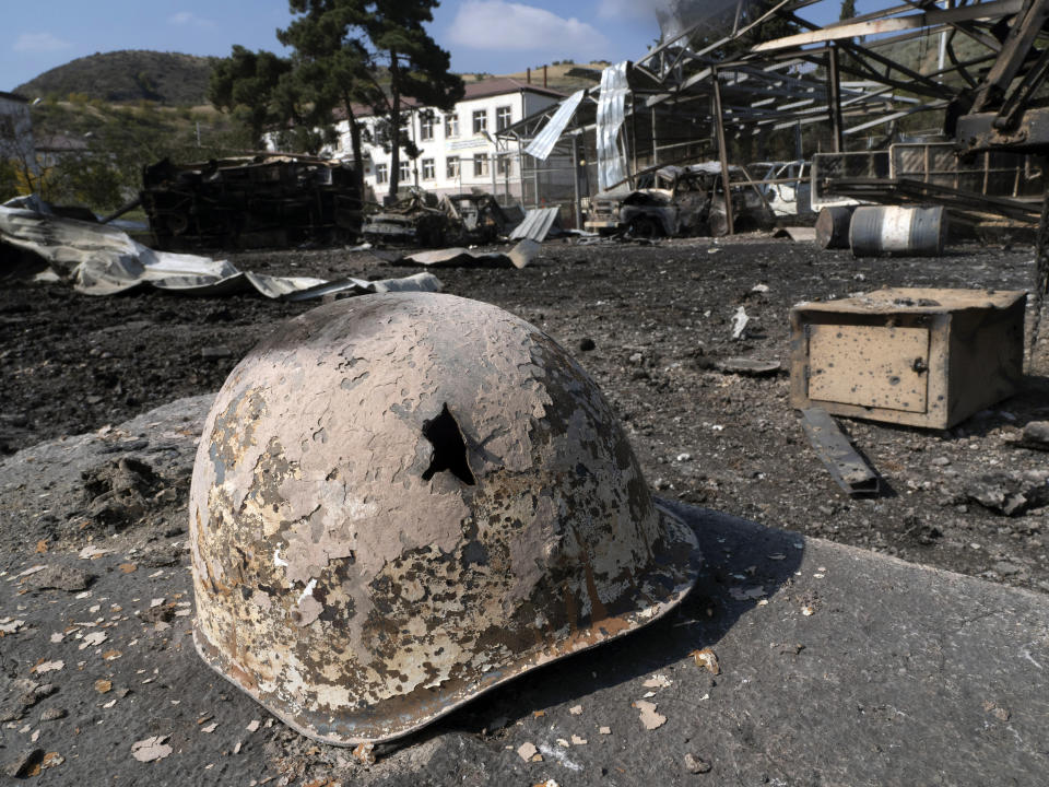 A broken solder's helmet is seen in a local hospital damaged by shelling from Azerbaijan's artillery during a military conflict, in the town of Martakert, the separatist region of Nagorno-Karabakh, Thursday, Oct. 15, 2020. The conflict between Armenia and Azerbaijan is escalating, with both sides exchanging accusations and claims of attacks over the separatist territory of Nagorno-Karabakh.(AP Photo)