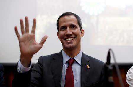 Venezuelan opposition leader Juan Guaido attends a meeting with representatives of FEDEAGRO, the Confederation of Associations of Agricultural Producers of Venezuela, in Caracas, Venezuela February 6, 2019. REUTERS/Carlos Garcia Rawlins