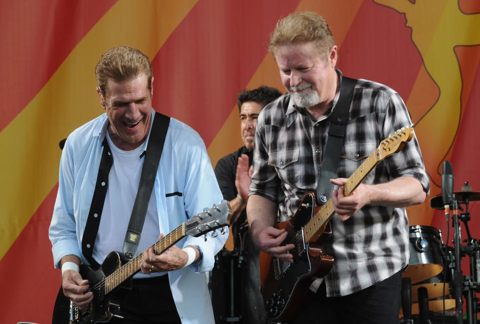 NEW ORLEANS, LA - MAY 05: Glenn Frey and Don Henley of the Eagles performs during the 2012 New Orleans Jazz & Heritage Festival - Day 6 at the Fair Grounds Race Course on May 5, 2012 in New Orleans, Louisiana. (Photo by Rick Diamond/Getty Images)