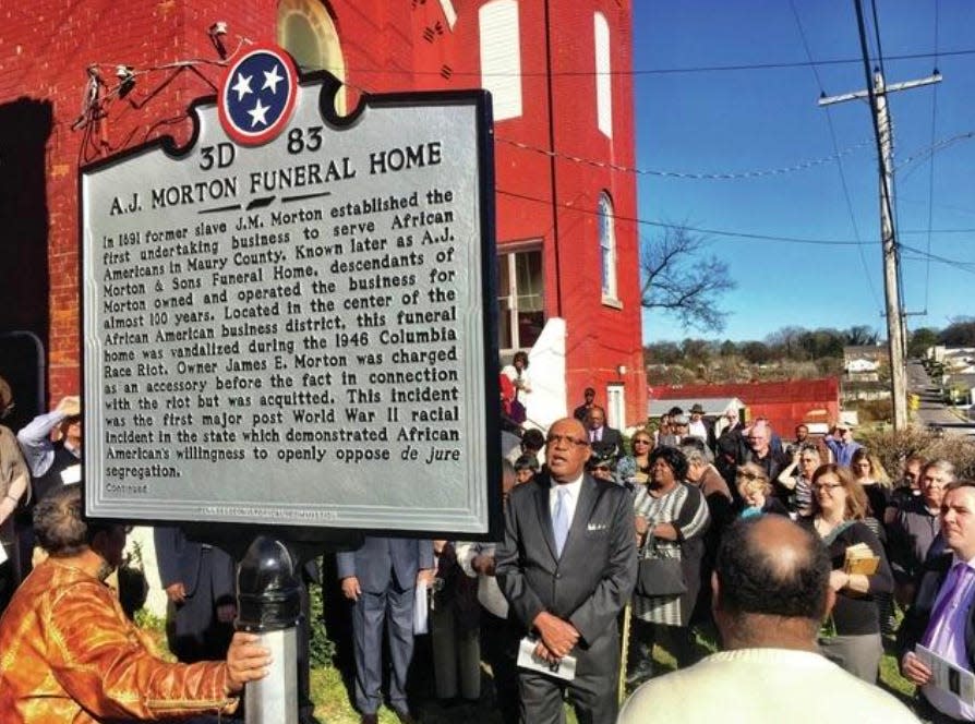 The African American Heritage Society of Maury County dedicates the A.J. Morton Funeral Home historical marker on East 8th Street in 2016, recognizing what has come to be known as the 1946 Columbia race riot.