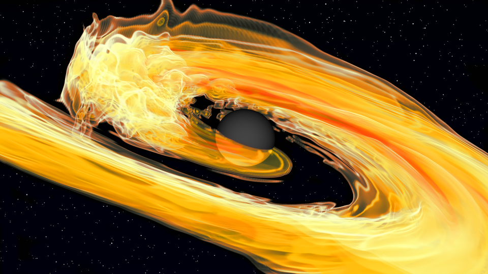 BHNS simulation with tidal disruption (Visualization: T.Dietrich, N.Fischer, S.Ossokine, H.Pfeiffer, T. Vu; Simulation: V.Chaurasia, T. Dietrich)