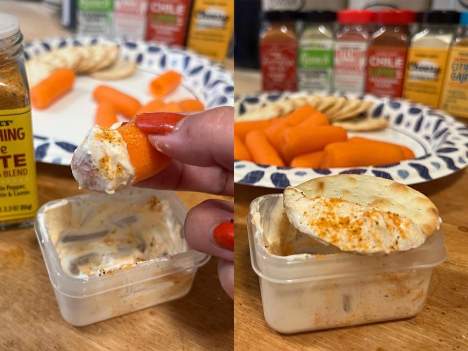 Trader Joe's Everything but the Elote Seasoning Blend on a carrot and cracker. 