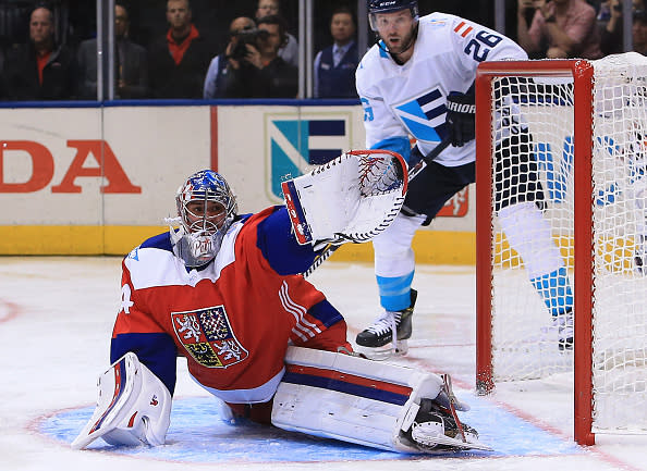 TORONTO, CANADA - SEPTEMBER 19: Petr Mrazek #34 of Team Czech Republic makes a glove save during a World Cup of Hockey 2016 game against Team Europe at Air Canada Centre on September 19, 2016 in Toronto, Canada. (Photo by Vaughn Ridley/World Cup of Hockey via Getty Images)