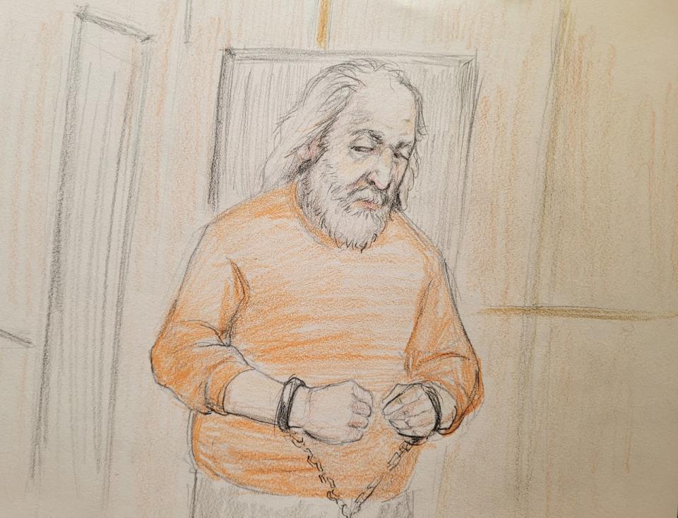 A sketch of Greg Fertuck appearing in Court of King's Bench in Saskatoon on Feb. 20, 2024.