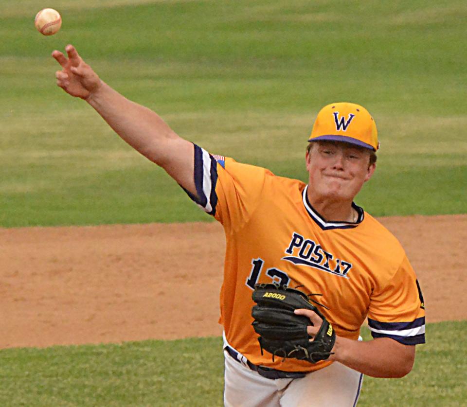 Watertown Post 17 pitcher Kaden Rylance fires to the plate during an American Legion Baseball doubleheader against Sioux Falls West on Wednesday, June 7, 2023 at Watertown Stadium.