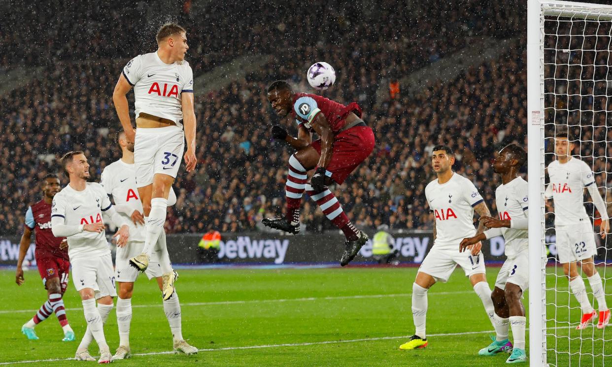 <span>The ball bounces off Kurt Zouma’s back to give West Ham an equaliser against Tottenham.</span><span>Photograph: Tom Jenkins/The Guardian</span>