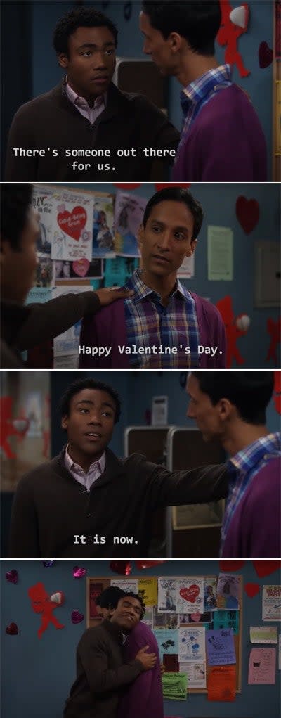 Abed wishing Troy a happy Valentine's Day and them hugging