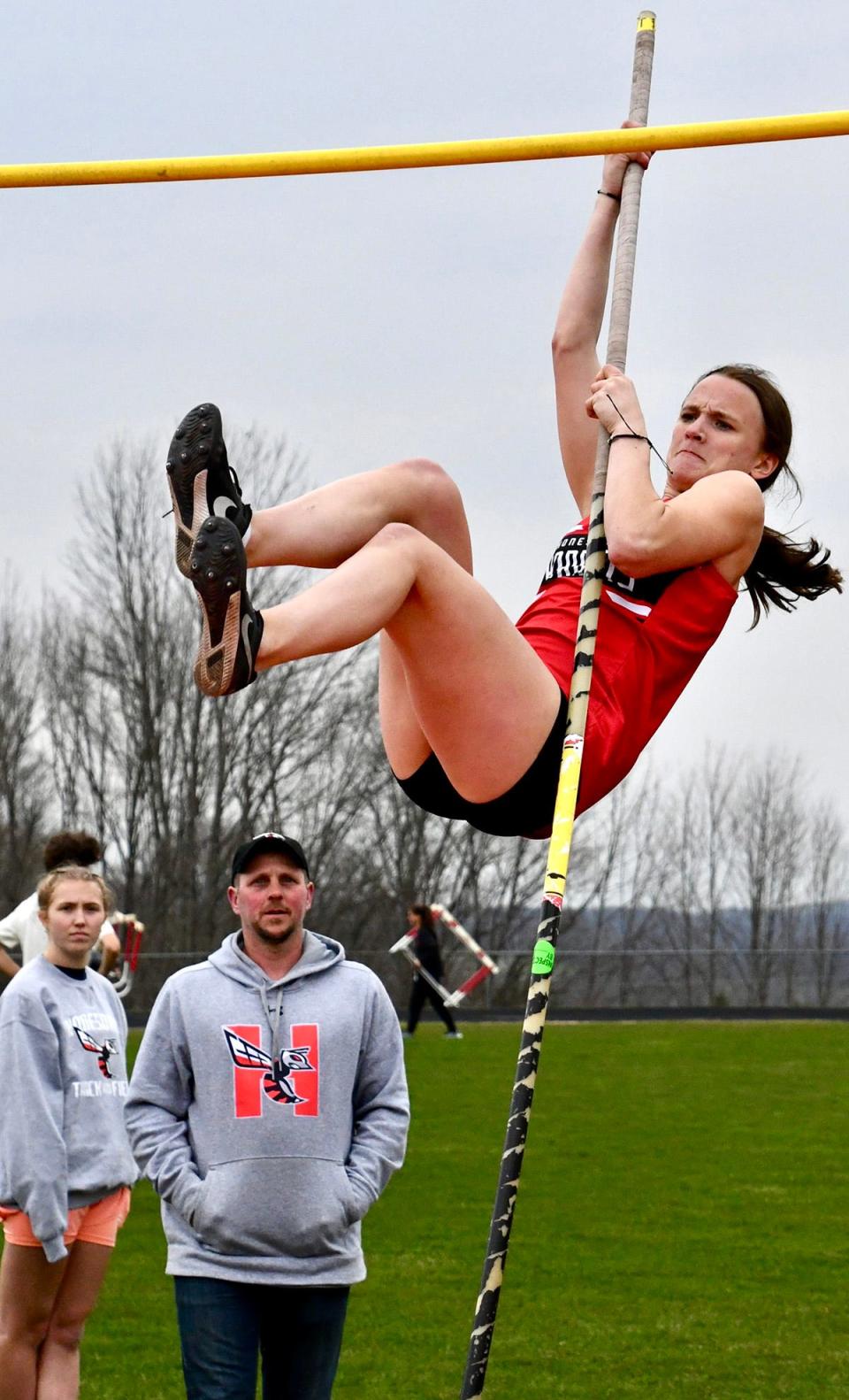 Roz Mikulak is the new Honesdale girls record holder in the pole vault after clearing the bar at a height on 9 feet 1 inch.