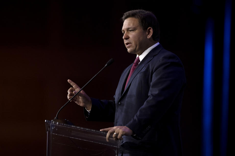 Image: Florida Gov. Ron DeSantis speaks at an event in Las Vegas on Nov. 6, 2021. (Bridget Bennett / Bloomberg via Getty Images files)