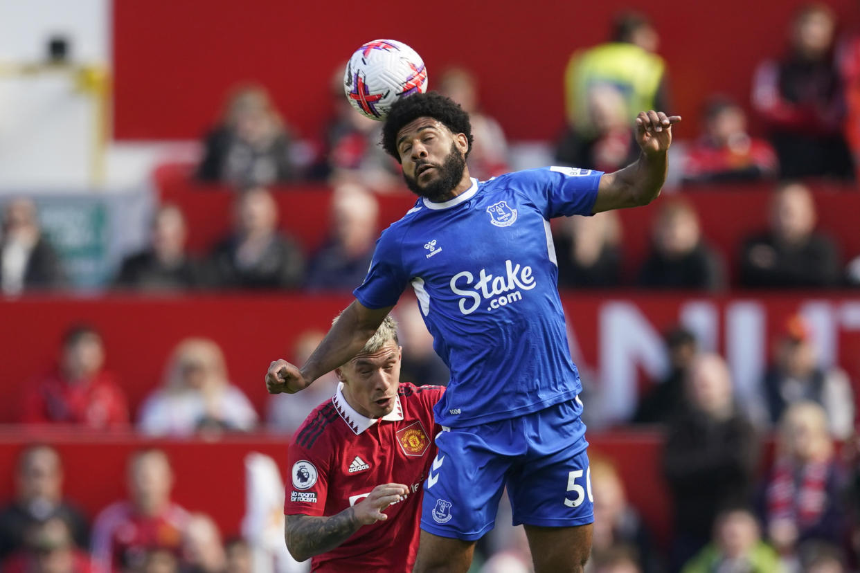 Everton's Ellis Simms heads the ball during the English Premier League soccer match between Manchester United and Everton, at the Old Trafford stadium in Manchester, England, Saturday, April 8, 2023. (AP Photo/Dave Thompson)