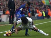 Football Soccer - Barcelona v Real Madrid - Spanish La Liga Santander- Nou Camp Stadium, Barcelona, Spain - 3/12/16. Real Madrid's Marcelo and Barcelona's Neymar in action during the "Clasico". REUTERS/Sergio Perez