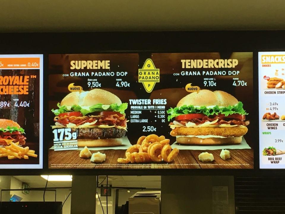 grana padano burger and tendercrisp chicken sandwich on a burger king menu