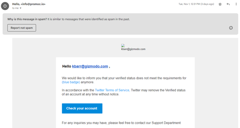 Screenshot of spam email