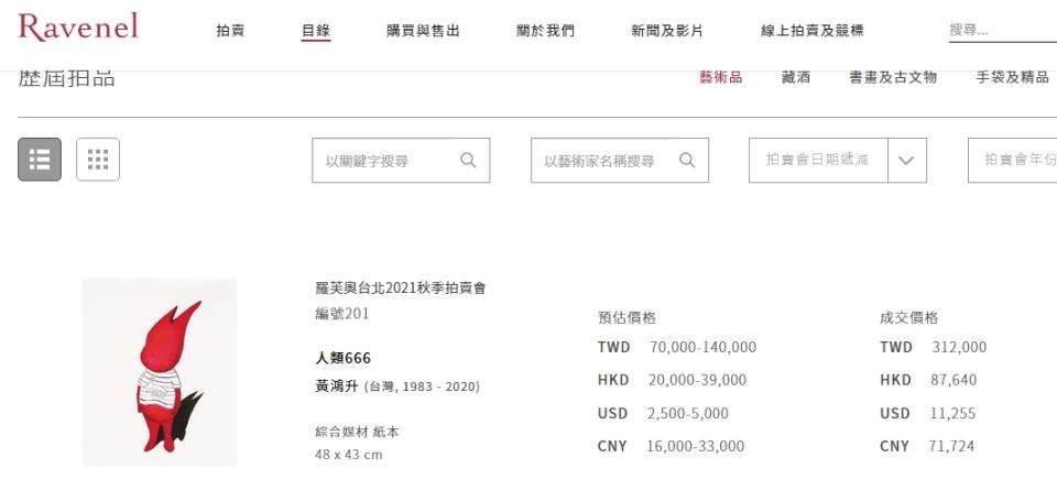 小鬼遺作最終結標價為31萬2千元。（圖／翻攝自羅芙奧拍賣網）