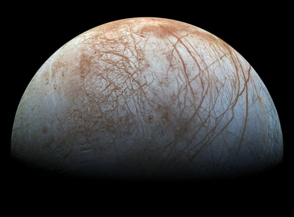 Jupiter's icy moon Europa is seen in a composite image created by NASA's Galileo spacecraft.