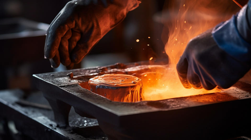 A close-up of a technician's hands pouring polymer powder into a metal mold.