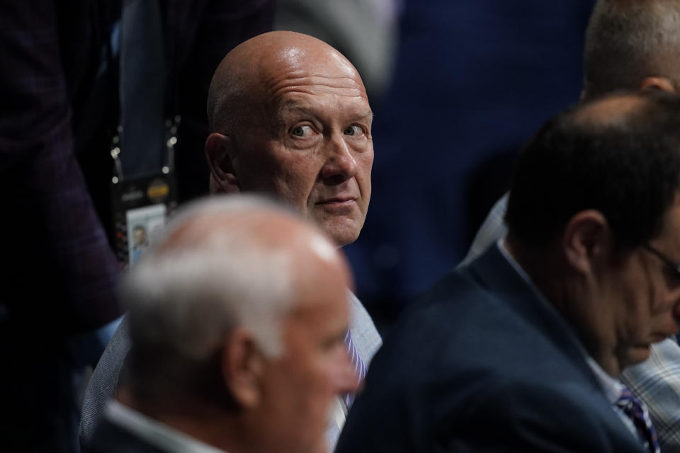 Columbus Blue Jackets general manager Jarmo Kekäläinen looks on during the second day of the NHL hockey draft Thursday, June 29, 2023, in Nashville, Tenn. (AP Photo/George Walker IV)