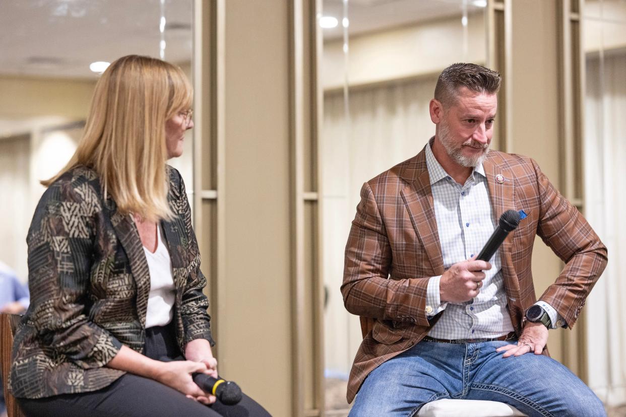 U.S. Rep. Greg Steube, R-Sarasota, right teared up Friday afternoon while talking with South County Tiger Bay Club moderator Laura Benson about the dysfunction prior to Louisiana Congressman Mike Johnson being elected as the new U.S. House speaker.