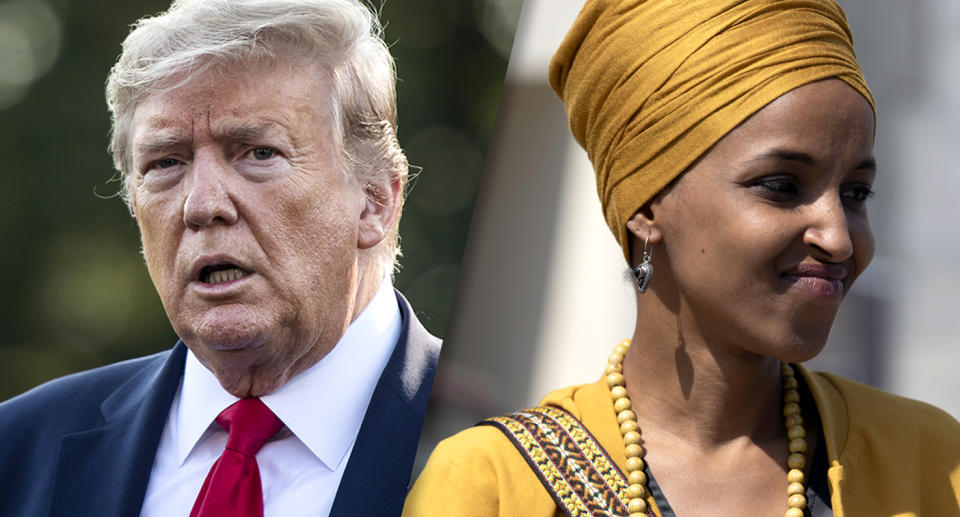 President Donald Trump  and Rep. Ilhan Omar. (Photos: Jabin Botsford/The Washington Post via Getty Images, Aurora Samperio/NurPhoto via Getty Images)