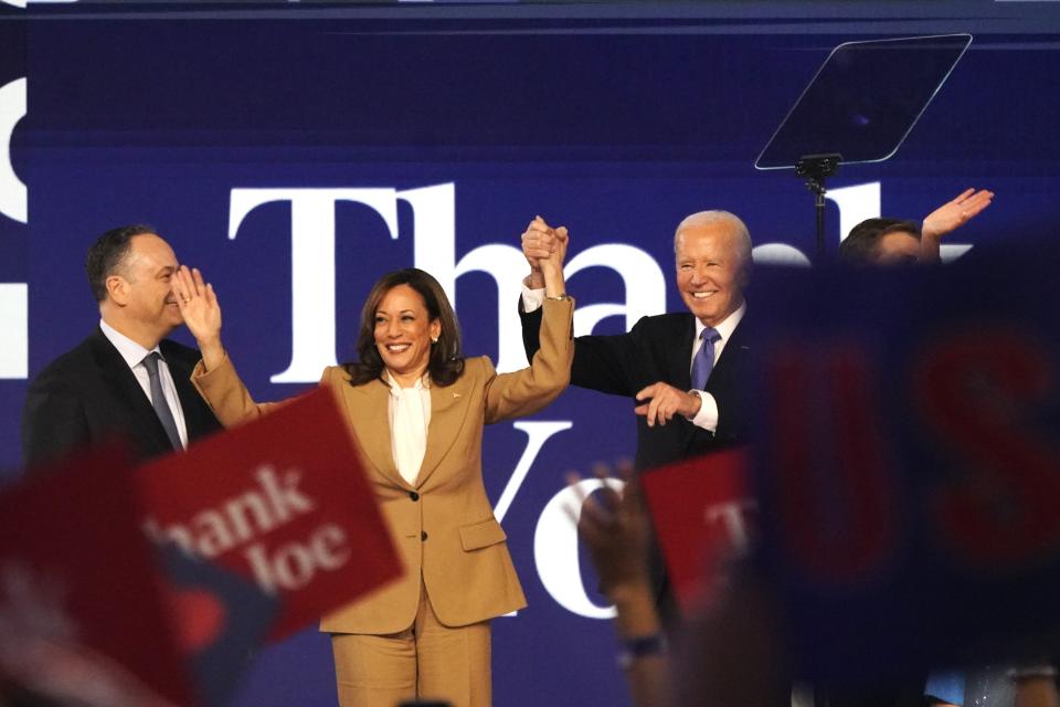 President Biden and Vice President Harris, alongside second gentleman Doug Emhoff, on the first day of the convention. 