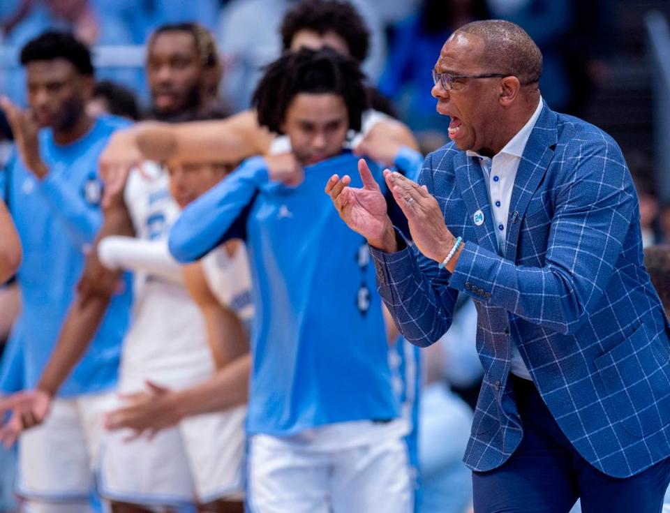 North Carolina coach Hubert Davis applauds his team in the first half against Lehigh on Sunday, November 12, 2023 at the Smith Center in Chapel Hill, N.C.