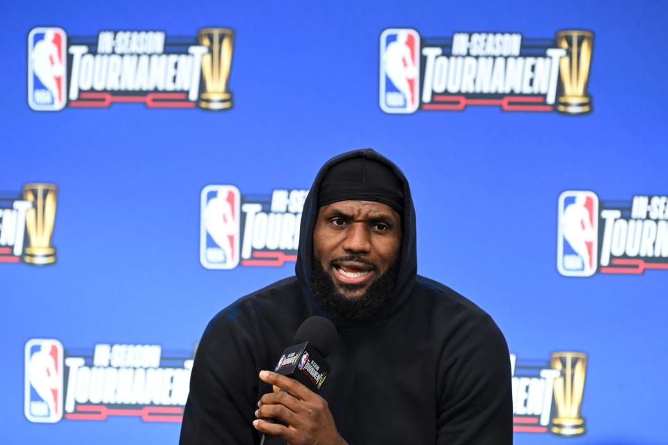 Los Angeles Lakers star LeBron James addresses a news conference before the In-Season Tournament semifinals at T-Mobile Arena.